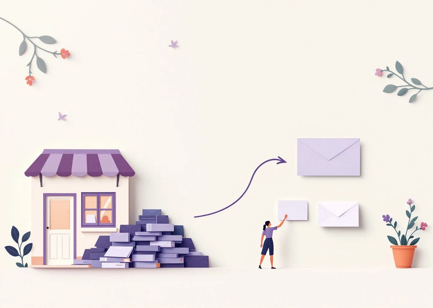 Paper collage illustration of a shop and message cards being put in order